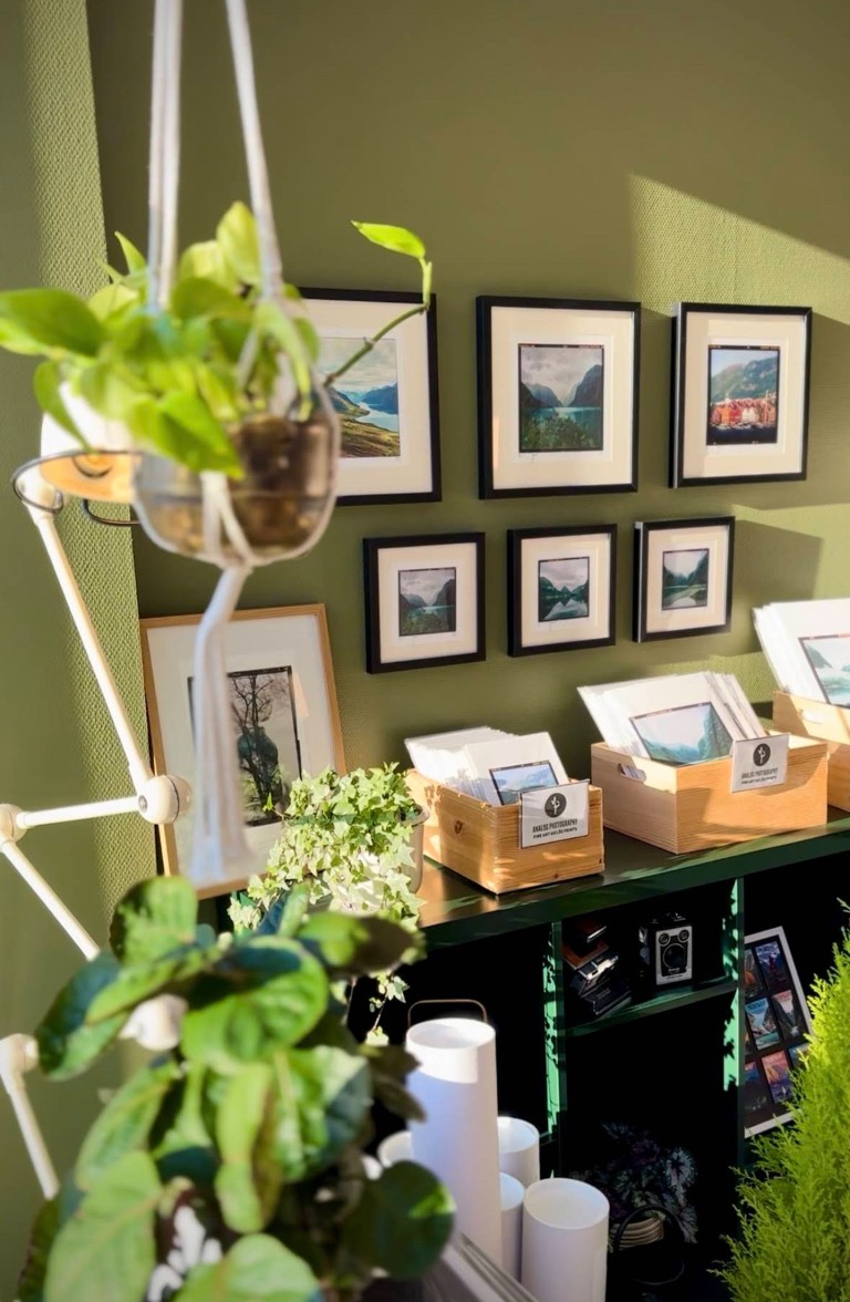 Innrammede norske fjordfotografitrykk og analog fotokunst til salgs i gavebutikk i Olden, Norge, utstilt på olivengrønn vegg med hengende planter