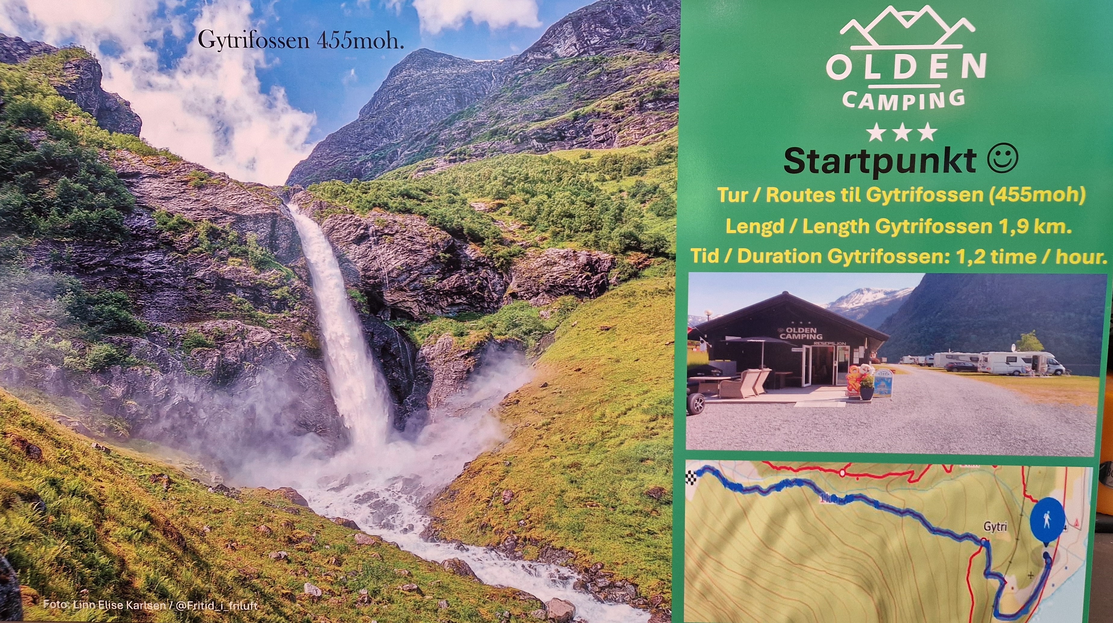 Skilt til tursti på Olden Camping for Gytrifossen – 1,9 km tur, 455 meters høyde, med start fra Olden Camping i Norge